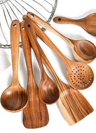 Teak Natural Wood Tableware Spoon Ladle Turner Rice Colander Soup Skimmer Cooking Tool Sets Spoon Scoop Kitchen Tools Gadgets