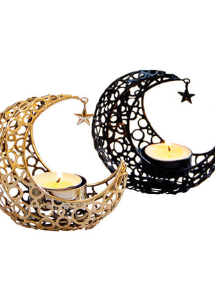 Luxury Moon & Star Candle Holder – Black Gold Metal Design