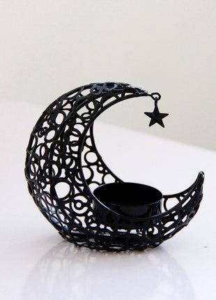 Luxury Moon & Star Candle Holder – Black Gold Metal Design