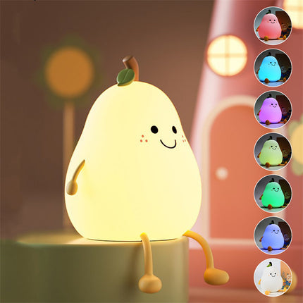 LED Pear Fruit Night Light USB Rechargeable Dimming Touch Silicone Table