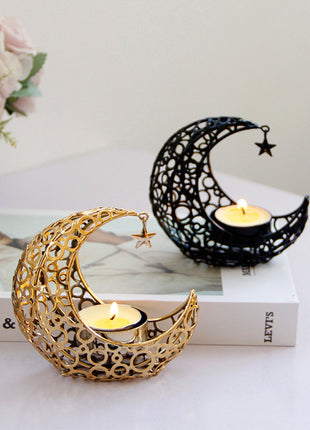 Luxury Moon & Star Candle Holder – Black Gold Metal Design