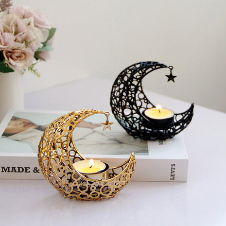 Luxury Moon & Star Candle Holder – Black Gold Metal Design