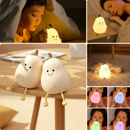 LED Pear Fruit Night Light USB Rechargeable Dimming Touch Silicone Table