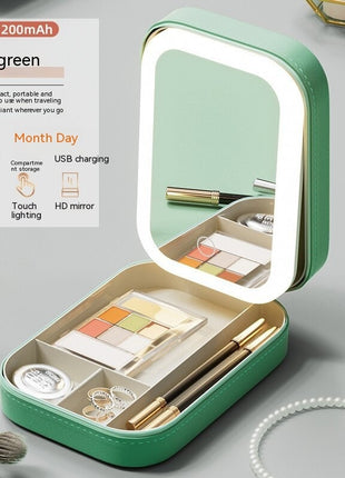 Makeup Storage Box With LED Light Mirror Portable Travel Makeup Cosmetics Storage Box Touch Light Storage Organizer