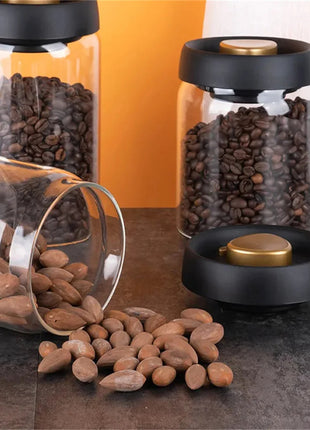 Vacuum Sealed Jug Set Black Coffee Beans Glass Airtight Canister Kitchen Food Grains Candy Keep Good Storage Jar Set Kitchen Gadgets