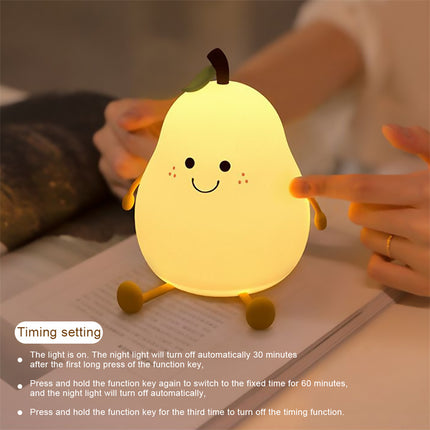 LED Pear Fruit Night Light USB Rechargeable Dimming Touch Silicone Table