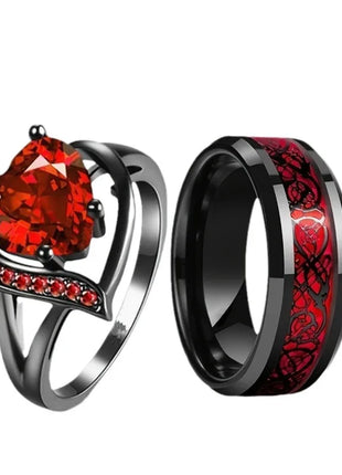 Red Zircon Celtic Dragon Couples Rings Set