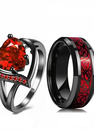 Red Zircon Celtic Dragon Couples Rings Set
