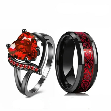 Red Zircon Celtic Dragon Couples Rings Set