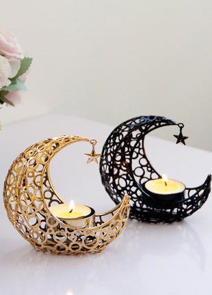Luxury Moon & Star Candle Holder – Black Gold Metal Design