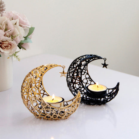 Luxury Moon & Star Candle Holder – Black Gold Metal Design