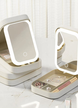 Makeup Storage Box With LED Light Mirror Portable Travel Makeup Cosmetics Storage Box Touch Light Storage Organizer