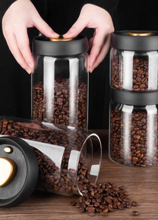 Vacuum Sealed Jug Set Black Coffee Beans Glass Airtight Canister Kitchen Food Grains Candy Keep Good Storage Jar Set Kitchen Gadgets