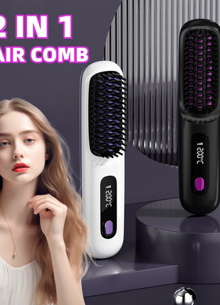 2 In 1 Straight Hair Comb Wireless Hair Straightener Brush Hair Fast Heating Portable Hot Curler USB Charging