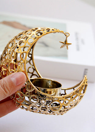 Luxury Moon & Star Candle Holder – Black Gold Metal Design