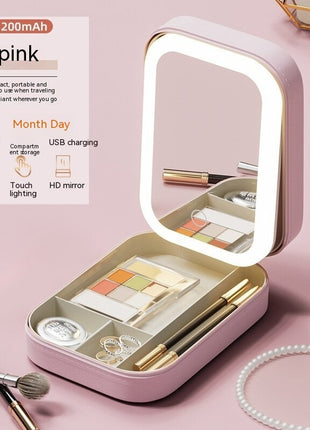 Makeup Storage Box With LED Light Mirror Portable Travel Makeup Cosmetics Storage Box Touch Light Storage Organizer